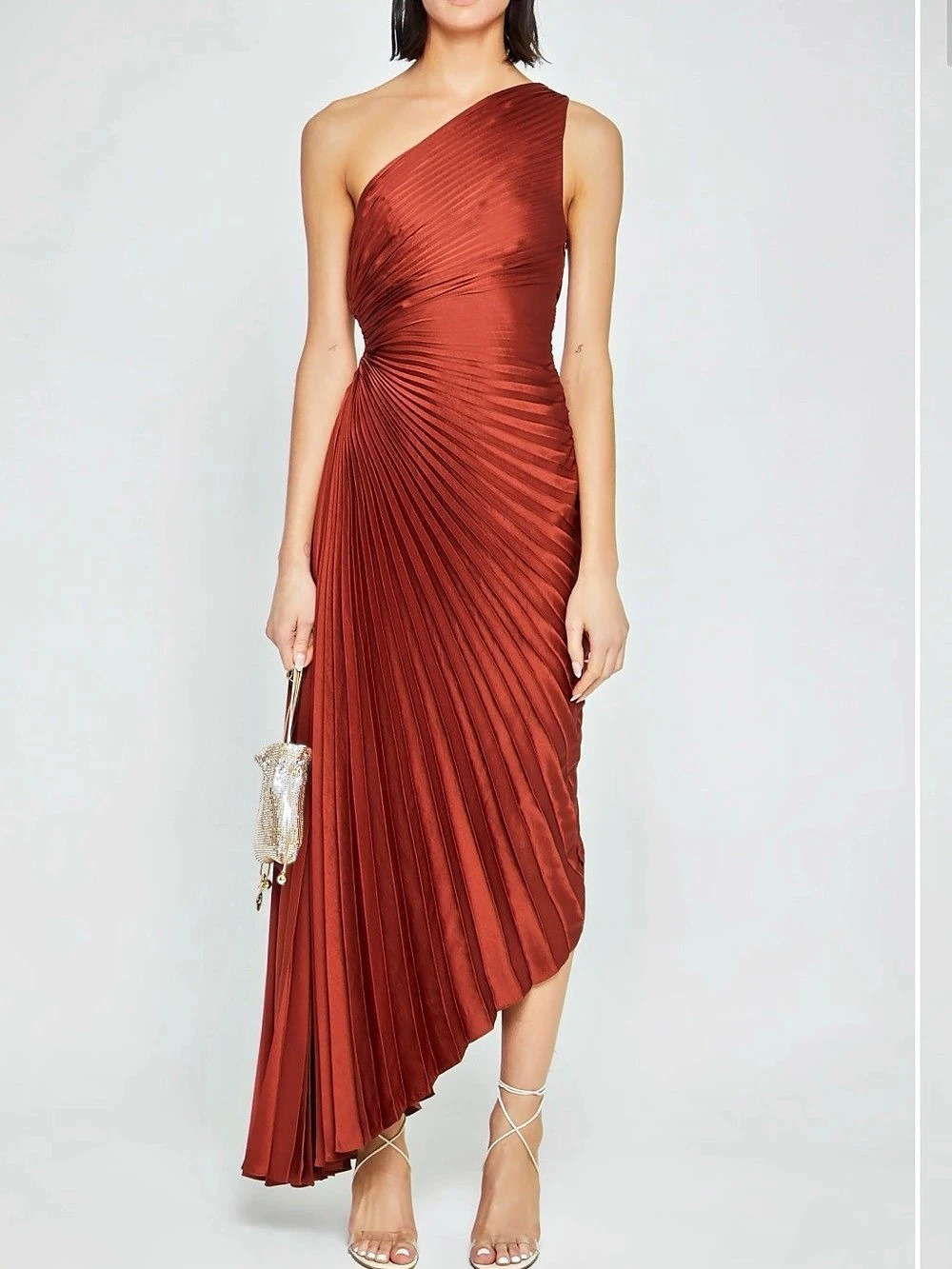 Orange / Rust Pleated Cutout One-Shoulder Maxi Dress